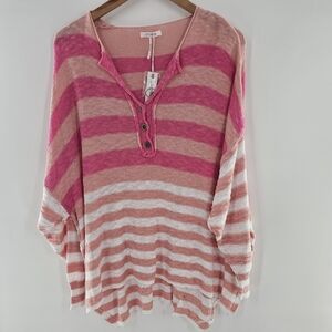 Stitchdrop Striped Pink Punch Dolman Henley Knit Top with Buttons Womens Large